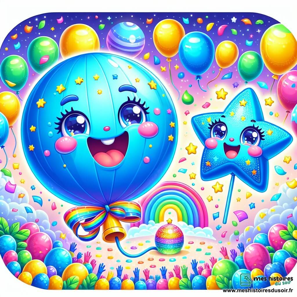Illustration d'un ballon bleu rond et joyeux flottant avec un grand sourire et un joli ruban coloré. À côté, une petite étoile brillante avec un visage souriant virevolte joyeusement. Ils se trouvent dans une scène de carnaval vibrante, entourés de ballons colorés, de confettis tombant et d'une fontaine arc-en-ciel. Ils découvrent un petit coffre scintillant caché derrière un buisson, avec des confettis magiques s'envolant autour d'eux. En arrière-plan, des spectateurs émerveillés applaudissent et rient, entourés de décorations de carnaval.