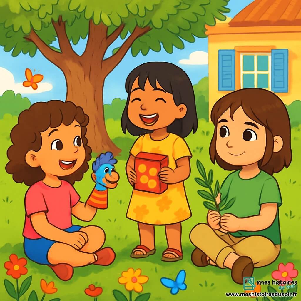 Trois personnages sont présents : Léa, une fille de 7 ans aux cheveux bruns et bouclés, en t-shirt rose et short bleu, assise sur l'herbe avec une marionnette colorée ; Noor, également âgée de 7 ans, avec des cheveux noirs et lisses, portant une robe jaune à fleurs, debout à côté de Léa, riant avec une boîte de biscuits ; et Samia, avec des cheveux châtains et des yeux pétillants, vêtue d'un t-shirt vert et d'un pantalon beige, assise en face d'elles, tenant une branche d'olivier. La scène se déroule dans un jardin ensoleillé, rempli de fleurs et d'un grand olivier, avec une maison aux murs jaunes et volets bleus en arrière-plan. Les filles partagent des rires et des biscuits, discutant de la paix et de l'amitié, tandis que Samia montre la branche d'olivier, symbole d'espoir.
