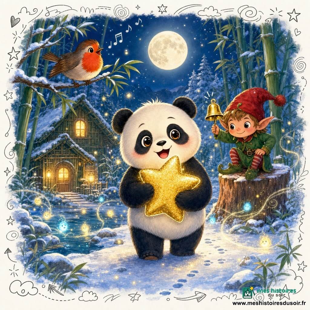 Pipo le panda : jeune panda rond à la fourrure noire et blanche, expression joyeuse, tient contre sa poitrine un coussin étoile doré scintillant, debout au centre d’une clairière enneigée. Le lutin farceur : petit lutin espiègle en veste verte et bonnet rouge à pompon, sourire malicieux, tient une clochette dorée, perché sur une souche derrière et à droite de Pipo. Coco le rouge-gorge : oiseau rouge et orange vif, posé sur une branche à gauche au-dessus de Pipo, en train de chanter. Feux follets : petits points de lumière jaune et bleu qui dansent au ras de la rivière. Lieu : clairière enneigée au cœur d’une forêt de bambous et de sapins, lune pleine brillante, lucioles flottantes, maison en bambou cosy en arrière-plan à gauche, sol couvert de neige scintillante et d’empreintes minuscules. Situation : moment magique et chaleureux où Pipo, ayant résolu l’énigme, reçoit le coussin étoile du lutin; ambiance nocturne douce, contrastes de couleurs chaudes et bleu nuit, éclairage doux et scintillant, texture aquarelle légère, composition centrée et style enfantin, expressif et tendre.