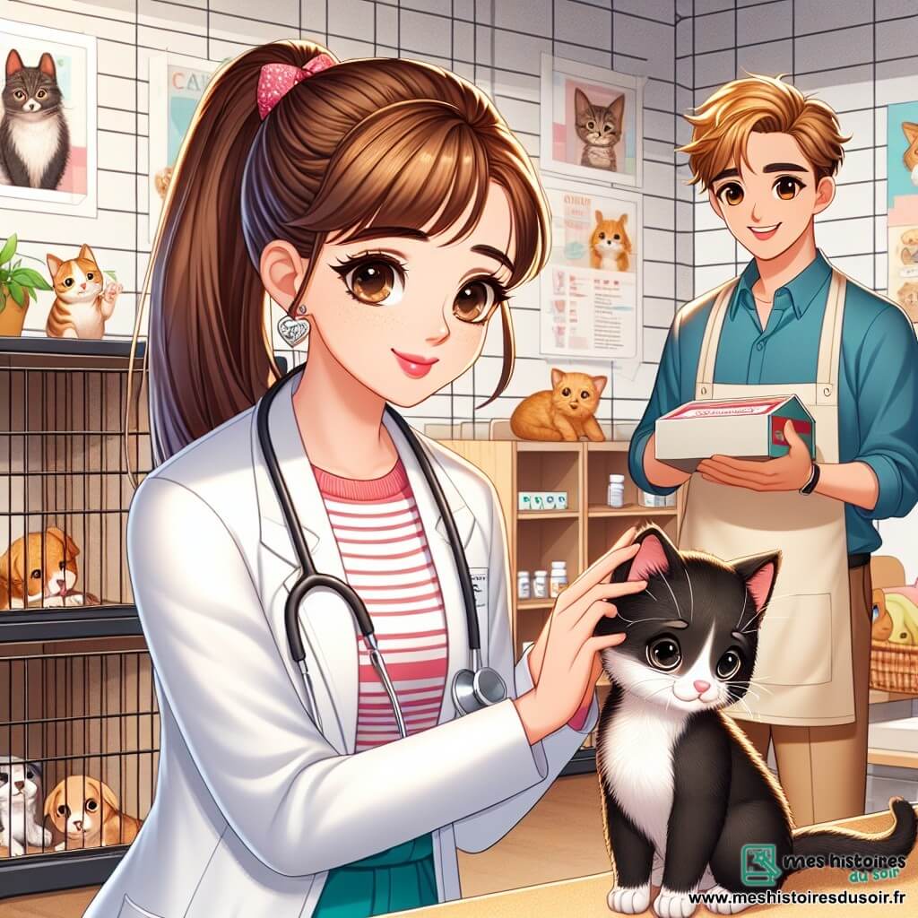 Claire, vétérinaire d'environ 30 ans, a des cheveux châtains en queue de cheval, une blouse blanche et un stéthoscope. Elle s'agenouille près d'un chaton noir, lui offrant des caresses réconfortantes. À ses côtés, Hugo, un jeune homme de 25 ans avec des cheveux en bataille et un sourire, tient une boîte de médicaments, prêt à aider. En arrière-plan, une clinique vétérinaire chaleureuse est décorée de posters d'animaux et de jouets colorés, avec des animaux curieux dans des cages. Claire prodigue des soins au chaton, tandis qu'Hugo se prépare à l'assister, illustrant l'amour et la compassion entre vétérinaires et animaux.