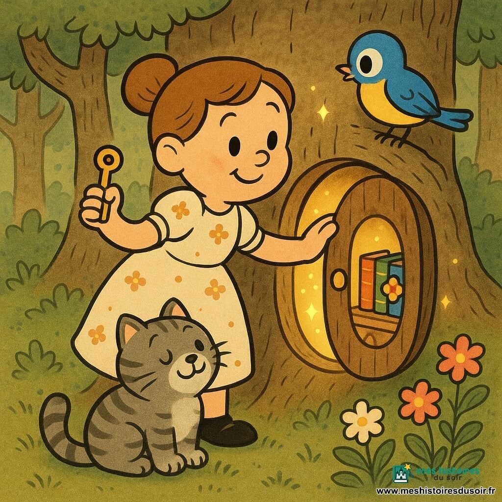 Une femme adulte souriante aux cheveux châtain clair en chignon, en robe crème à petites fleurs, tient une petite clé en bois et pousse une porte ronde dans le tronc d’un grand arbre; un oiseau bleu et jaune perché la regarde, un chat gris potelé est assis à ses pieds; dans une clairière mousseuse parsemée de fleurs, une lumière dorée révèle des livres aux couvertures colorées et boutons floraux lumineux; ambiance chaleureuse et magique, couleurs pastel saturées et contours noirs épais style cartoon rétro.