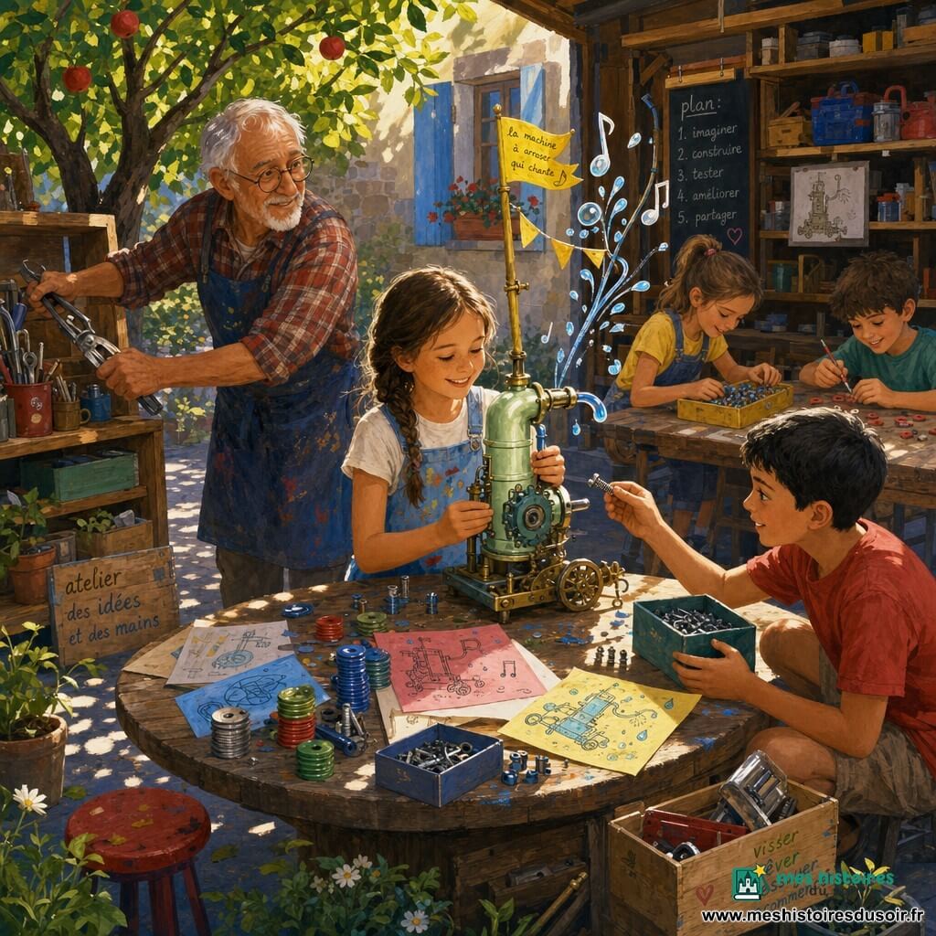 Lena, une fille d'environ 10 ans, est assise au centre, concentrée et souriante, tresse brune, salopette bleu ciel tachée de peinture, tenant une pompe en métal vert pâle tandis que son grand‑père d'environ 70 ans, lunettes rondes et chemise à carreaux, veille à gauche près d'une étagère d'outils; Samir, environ 11 ans, accroupi à droite en t‑shirt rouge, lui passe des vis depuis une boîte ouverte; en arrière‑plan Lila et Jules (~9 ans) rangent et peignent des pièces; scène en extérieur ensoleillée autour d'une table en bois avec piles de pièces colorées, boîtes et étagères, un pommier projetant des ombres — atelier collaboratif joyeux où ils assemblent une petite machine d'arrosage décorée de gouttes lumineuses et de drapeaux, ambiance chaleureuse, couleurs vives et textures visibles.
