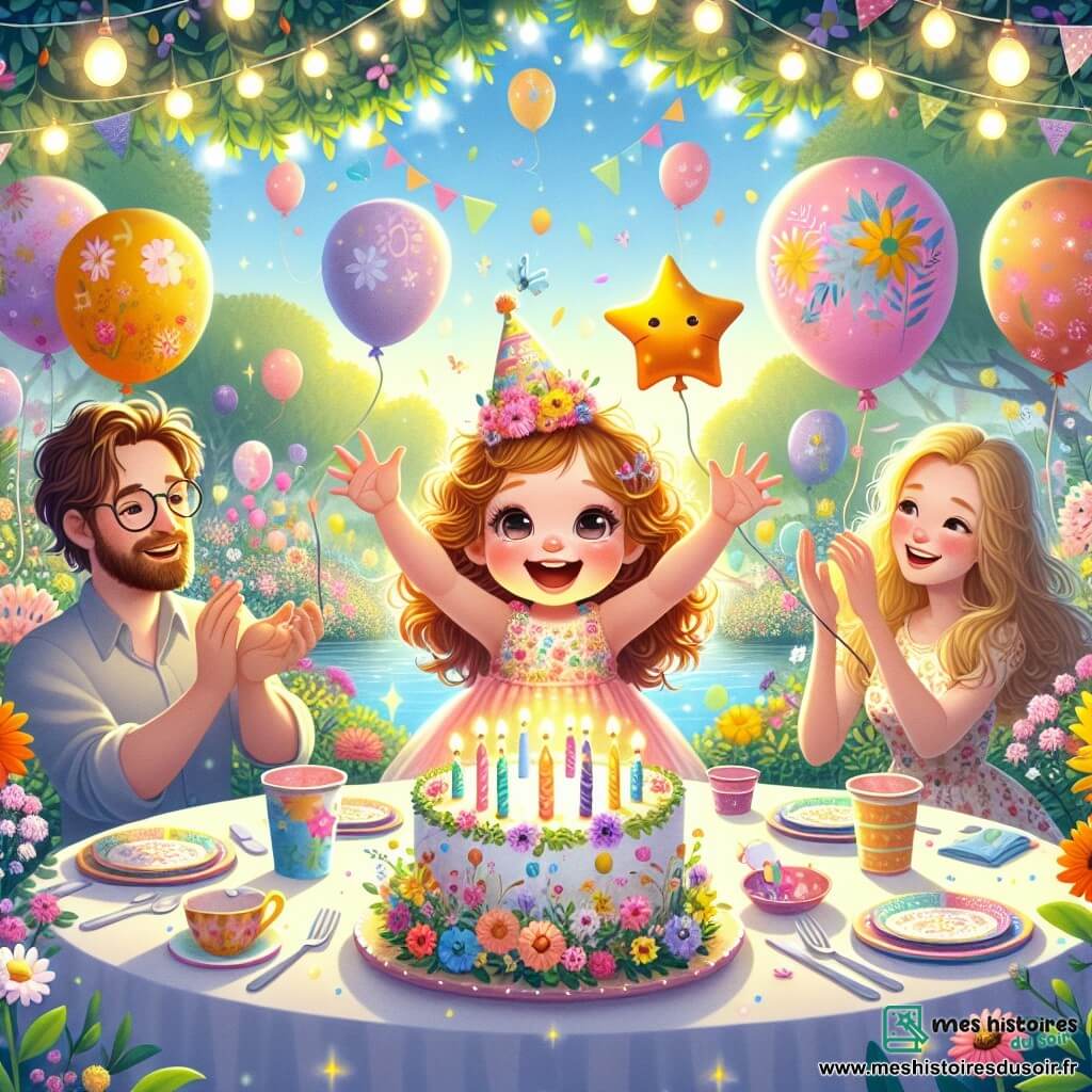 Une petite fille de 1 an, Lili, avec de grands yeux pétillants et des cheveux bouclés châtains, porte un chapeau d'anniversaire coloré et sourit avec joie devant un gâteau décoré de bougies. À côté d'elle, son papa, un homme d'environ 30 ans avec une barbe brune et des lunettes, tient un ballon en forme d'étoile. Sa maman, une femme d'environ 28 ans avec de longs cheveux blonds et une robe fleurie, prend une photo. La scène se déroule dans un jardin ensoleillé, rempli de fleurs colorées et de ballons, alors que Lili souffle les bougies de son gâteau, entourée de sa famille dans une atmosphère festive.