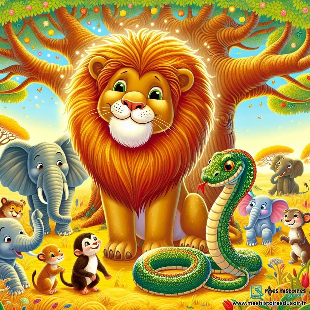 Un lion majestueux, Simba, se tient au centre de la scène, sa crinière flamboyante scintillant, avec un regard fier et bienveillant, souriant aux autres animaux. À ses côtés, un serpent aux écailles brillantes, Sly, se faufile avec une expression malicieuse, prêt à jouer un tour, mais hésitant. La scène se déroule sous un grand baobab aux branches étendues, orné de fleurs colorées, avec un sol parsemé de feuilles dorées et de fruits juteux. Les animaux de la savane, tels que des éléphants et des singes, dansent autour d'eux, créant une atmosphère festive. Simba célèbre son anniversaire entouré de ses amis, tandis que Sly se prépare à faire une blague, ajoutant une touche de mystère à cette fête.