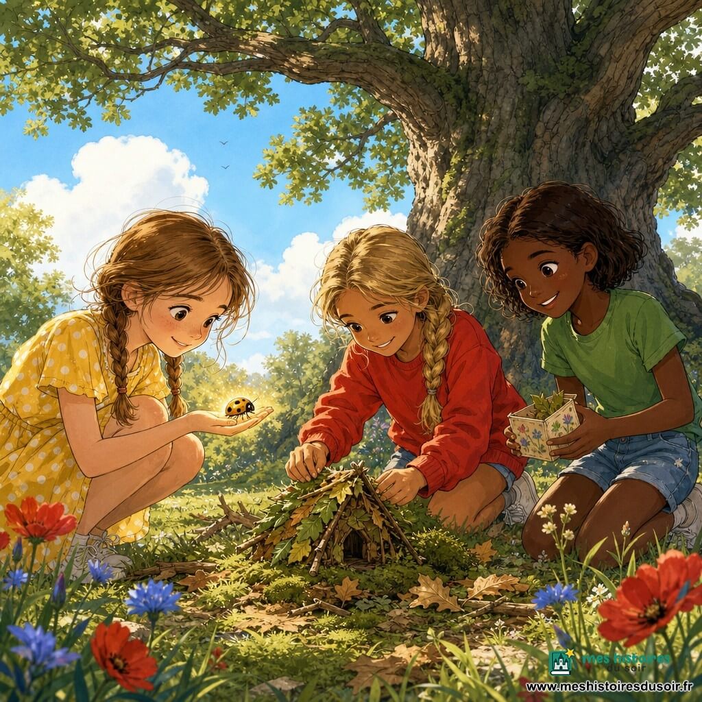 Trois filles d'environ 9 ans — une aux cheveux châtain clair en deux nattes, robe jaune à pois, accroupie à gauche tenant une petite coccinelle dorée ; une brune aux cheveux courts en t‑shirt vert et short en jean, à droite, souriante avec une mini-boîte décorée de fleurs ; une blonde en tresse, sweat rouge, au centre posant une petite maison de feuilles et brindilles sur l'herbe — dans un parc ensoleillé avec un grand chêne en arrière‑plan, herbe verte, mousse et tapis de feuilles, quelques fleurs sauvages et ciel bleu ; la coccinelle brille doucement au centre, ailes mi‑déployées, dégageant une lueur chaleureuse, ambiance d'émerveillement, traits d'encre nets et lavis de couleurs douces.