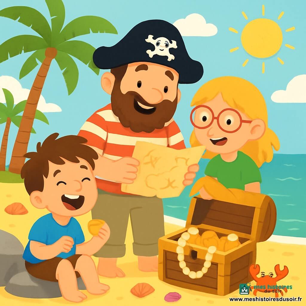 Un homme, le capitaine Milo, souriant avec une barbe brune et un chapeau de pirate noir, se tient sur le sable d'une île tropicale. Il porte une chemise rayée rouge et un pantalon beige, tenant une carte au trésor. À ses côtés, Zoé, 8 ans, avec des cheveux blonds et des lunettes, regarde la carte avec curiosité, tandis que Nino, 7 ans, avec des cheveux bruns en bataille et un t-shirt bleu, est assis sur un rocher, riant et tenant un biscuit. L'île est ensoleillée, entourée d'une mer turquoise, avec des palmiers et des coquillages. Au centre, Milo et ses amis découvrent un coffre en bois ancien rempli de colliers de coquilles et de biscuits, avec un petit crabe curieux s'approchant. Les personnages partagent un moment d'aventure et de découverte.