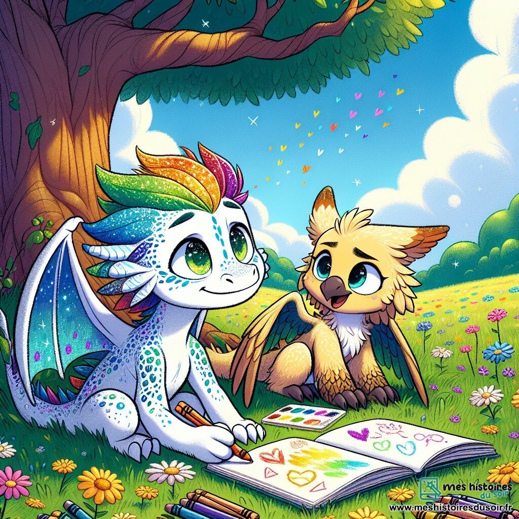 Léon, un petit dragon aux écailles colorées, est assis sous un grand arbre, avec une expression mélancolique et pleine d'espoir. Ses yeux brillants regardent un carnet ouvert sur ses genoux où il dessine des émotions. À côté de lui, Camille, une griffonne aux plumes dorées, lui sourit en tenant un crayon, pleine d'énergie et prête à partager ses dessins. Ils se trouvent dans un champ verdoyant sous un ciel bleu avec des fleurs colorées, créant une atmosphère paisible. Cette scène illustre leur amitié et leur soutien mutuel alors qu'ils explorent les émotions liées à la séparation de Léon avec ses parents.