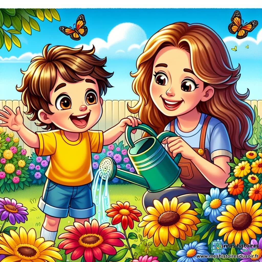 Un petit garçon de 6 ans, Lucas, arrose des fleurs colorées dans son jardin. Il porte un t-shirt jaune et un short bleu, et ses yeux brillent de joie. À ses côtés, sa maman sourit en tenant un arrosoir, l'encourageant avec tendresse. Le jardin est rempli de fleurs éclatantes et de papillons, sous un ciel bleu clair. Lucas arrose les fleurs, montrant son désir de les aider à être heureuses et en bonne santé, tout en apprenant l'importance de prendre soin de la planète.