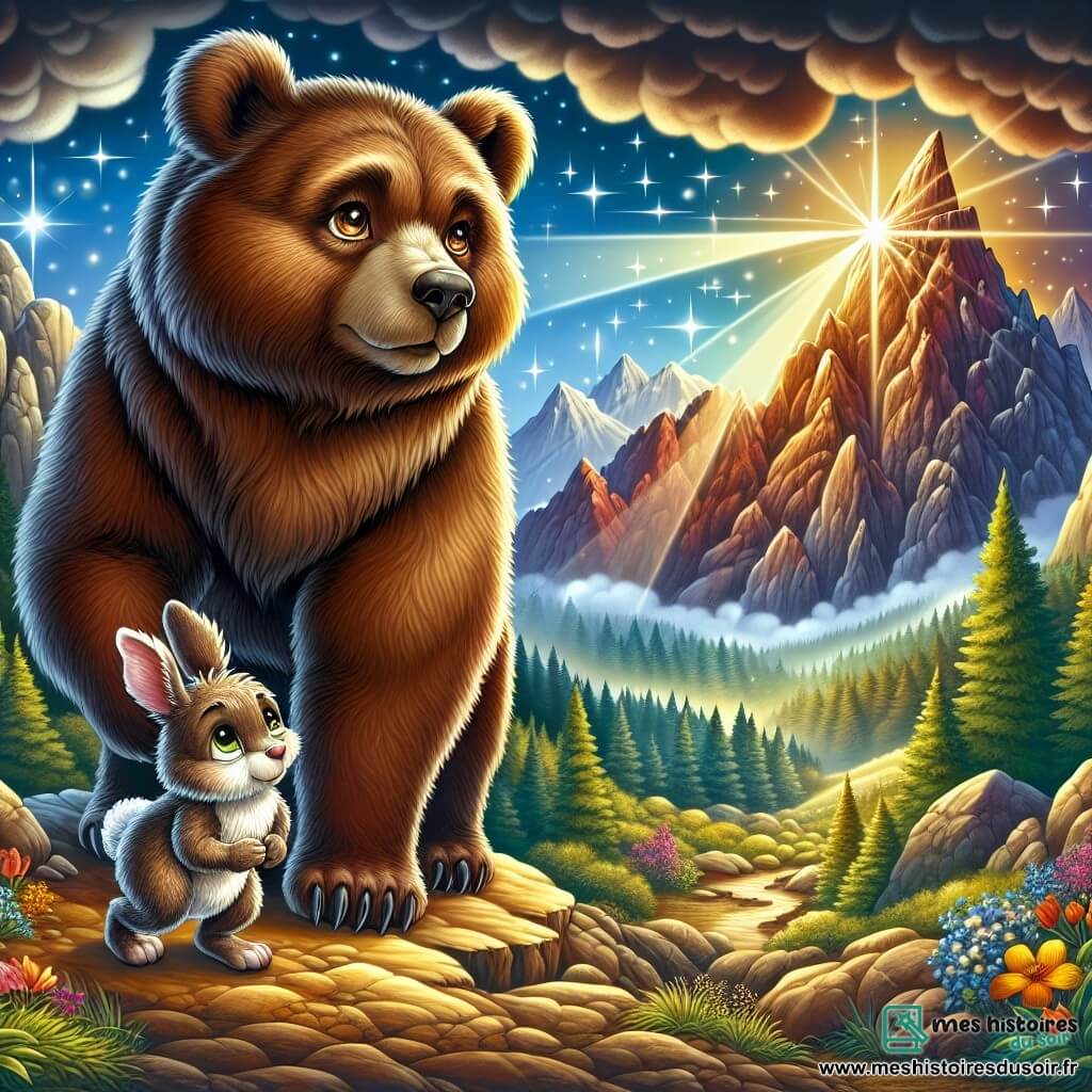 Illustration d'un ours brun déterminé, debout sur une montagne escarpée, regardant au loin. À ses côtés, un petit lapin inquiet, admirant l'ours et prêt à l'accompagner. Le décor présente une montagne majestueuse avec des nuages sombres, des rochers et des fleurs colorées, ainsi qu'une forêt verdoyante au loin. Ils se préparent à affronter un dragon, avec l'Étoile de Lumière scintillante en arrière-plan, créant une atmosphère mystérieuse et pleine d'espoir.