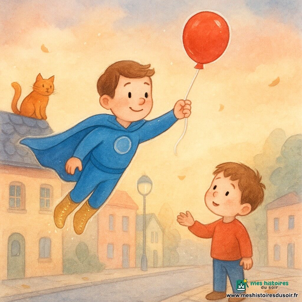 Turbo-Léo, souriant et rassuré, cape bleu vif flottant et bottes scintillantes, en pleine course aérienne bras tendu pour attraper la ficelle d’un ballon rouge au-dessus d’une rue calme aux façades pastel ; en bas à droite Tom, environ 4 ans, joues roses et cheveux châtains courts, regarde le ballon avec émerveillement et soulagement, main vide ; un petit chat roux poilu perché sur un toit en ardoise à gauche observe la scène, oreilles dressées, queue enroulée ; atmosphère chaleureuse et sécurisante au coucher de soleil, mouvement léger et dynamique, traits simples et arrondis, palette pastel avec reflets au stylo gel blanc.
