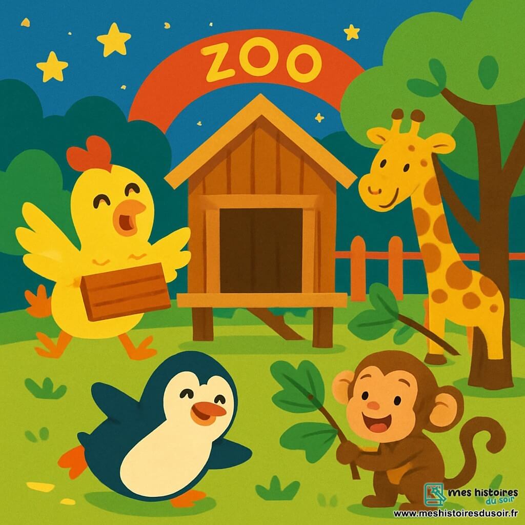 Paulette la poule, avec son plumage doré et ses yeux pétillants, saute avec enthousiasme au centre de la scène, tenant une planche de bois. À côté, Boubou le pingouin glisse joyeusement, un sourire sur le visage. Lili la girafe se penche pour ramasser des feuilles pour la cabane, tandis que Max le singe grimpe dans un arbre pour chercher des branches. La scène se déroule dans un zoo coloré, sous un ciel étoilé, avec une grande cabane en bois en construction, entourée de rires. Les animaux s’amusent à rassembler des matériaux pour créer leur cabane géante, remplis d’excitation et d’amitié.