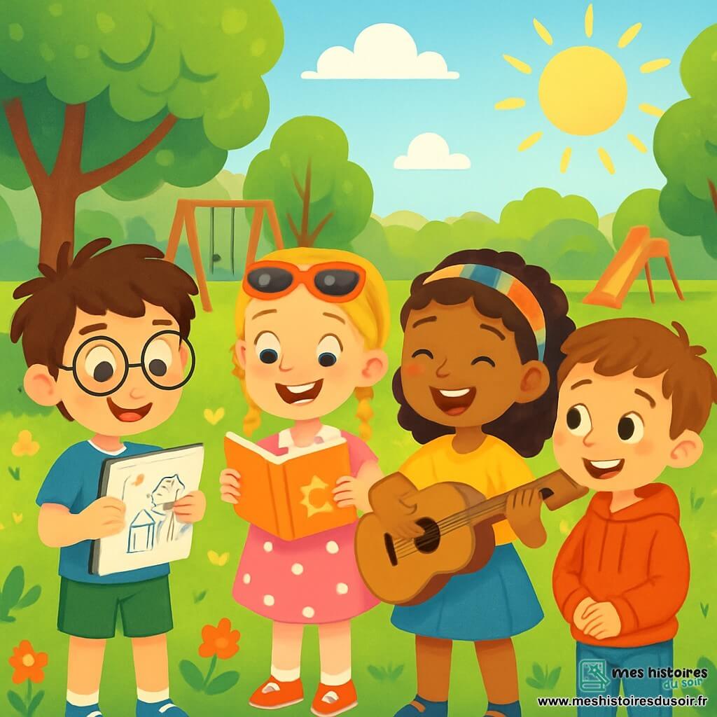 Il y a 4 enfants : Léo, un garçon de 8 ans avec des cheveux bruns en bataille et des lunettes rondes, portant un t-shirt bleu et un short vert, tenant un carnet de dessin ; Emma, une fille de 7 ans avec des cheveux blonds tressés et des lunettes de soleil, vêtue d'une robe rose à pois, lisant un livre avec un sourire ; Sarah, une fille de 8 ans aux cheveux bouclés avec un bandeau coloré, habillée d'un t-shirt jaune et d'une jupe bleue, jouant de la guitare ; et Maxime, un garçon de 7 ans avec des cheveux châtains et des taches de rousseur, portant un sweat à capuche rouge et un jean, souriant timidement. Les enfants sont dans un parc ensoleillé, entourés d'arbres et de fleurs, et se tiennent en cercle, riant ensemble. Léo montre son carnet à Maxime, Emma lit une histoire amusante, Sarah joue une mélodie joyeuse, et Maxime se sent inclus et heureux.