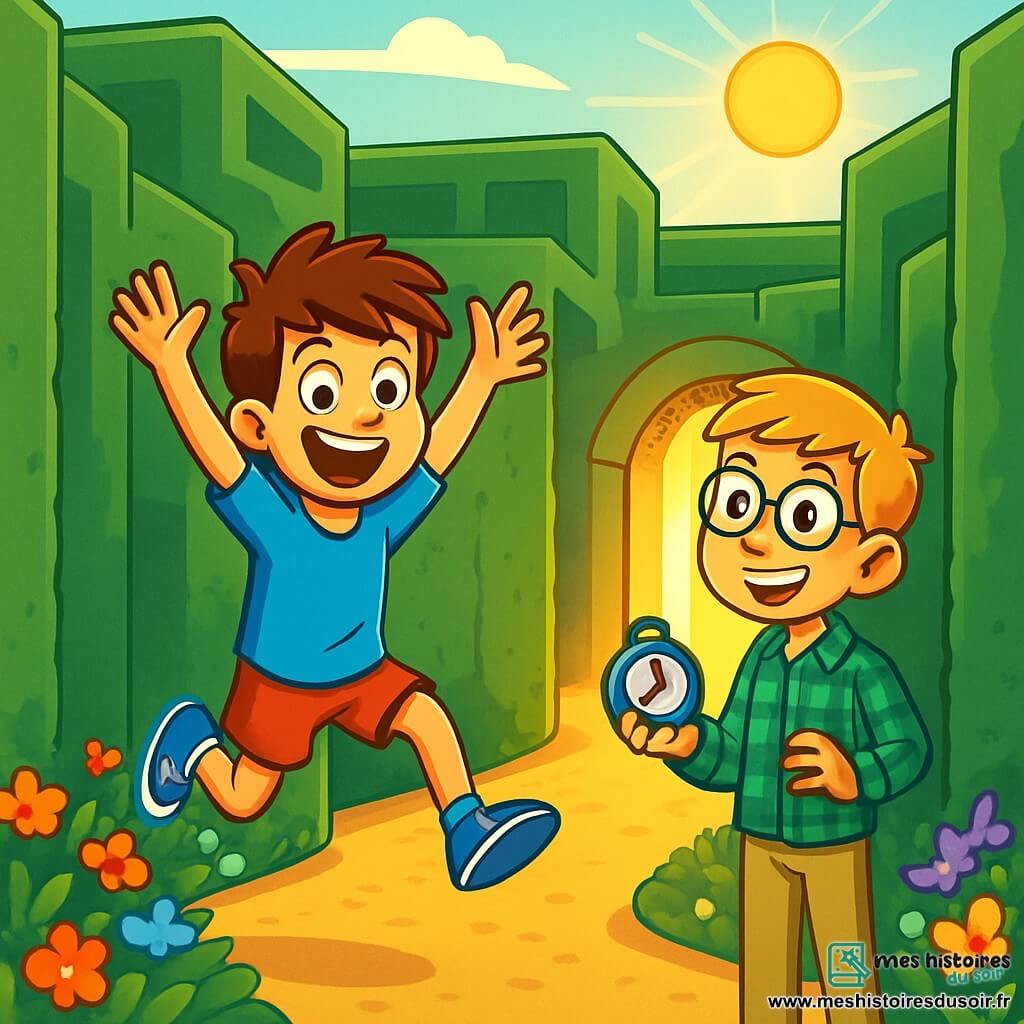 Léo, un garçon de 10 ans aux cheveux bruns en bataille et aux yeux curieux, porte un t-shirt bleu et un short rouge. Il saute de joie devant l'entrée d'un labyrinthe. Maxime, également âgé de 10 ans, a des cheveux blonds et des lunettes rondes. Il est en chemise à carreaux verte et pantalon beige, tenant une boussole et souriant à Léo. Le labyrinthe est immense, fait de haies vertes bien taillées, avec un sol en gravier doré et des fleurs colorées. Au loin, le soleil éclaire le labyrinthe, créant une ambiance magique. Léo et Maxime, déterminés, se préparent à entrer dans le labyrinthe inversé, avec une porte secrète s'entrouvrant derrière eux, laissant filtrer une lumière éclatante. Ils sont impatients de relever le défi de trouver la sortie en commençant par la fin.
