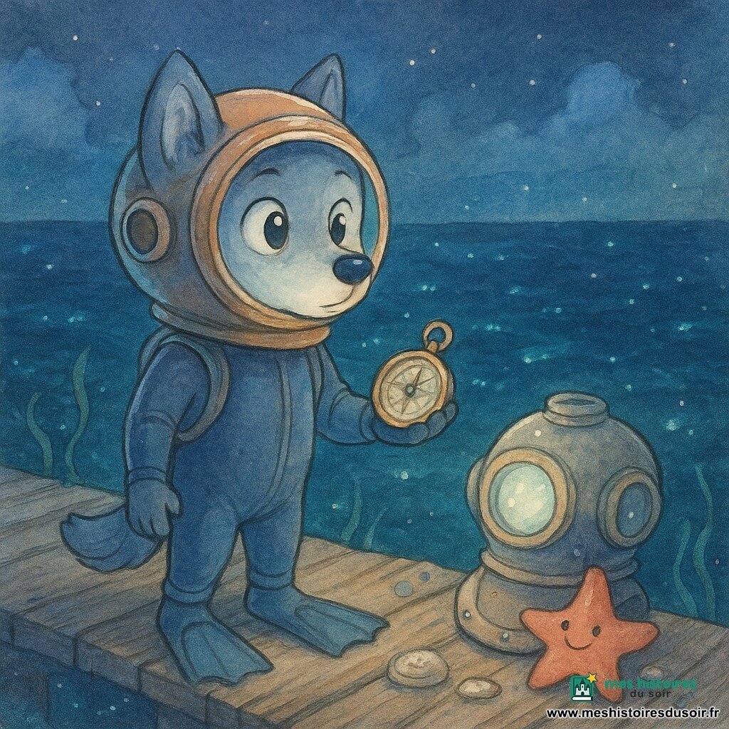 Petit loup anthropomorphe au pelage gris bleuté, yeux grands et curieux, visage à la fois déterminé et émerveillé, en combinaison de plongée et casque rond brillant, tenant une boussole en cuivre et regardant une mer nocturne phosphorescente depuis une jetée en bois usée ; à ses côtés le casque animé « Murmure », ancien avec reflets argentés et petite vitre lumineuse, et une étoile de mer corail souriante accrochée à la cale ; il s'apprête à plonger pour chercher une cloche magique, ambiance d'aventure calme aux contrastes d'ombres profondes et lueurs marines, palette aquarelle pastel rehaussée de touches lumineuses.
