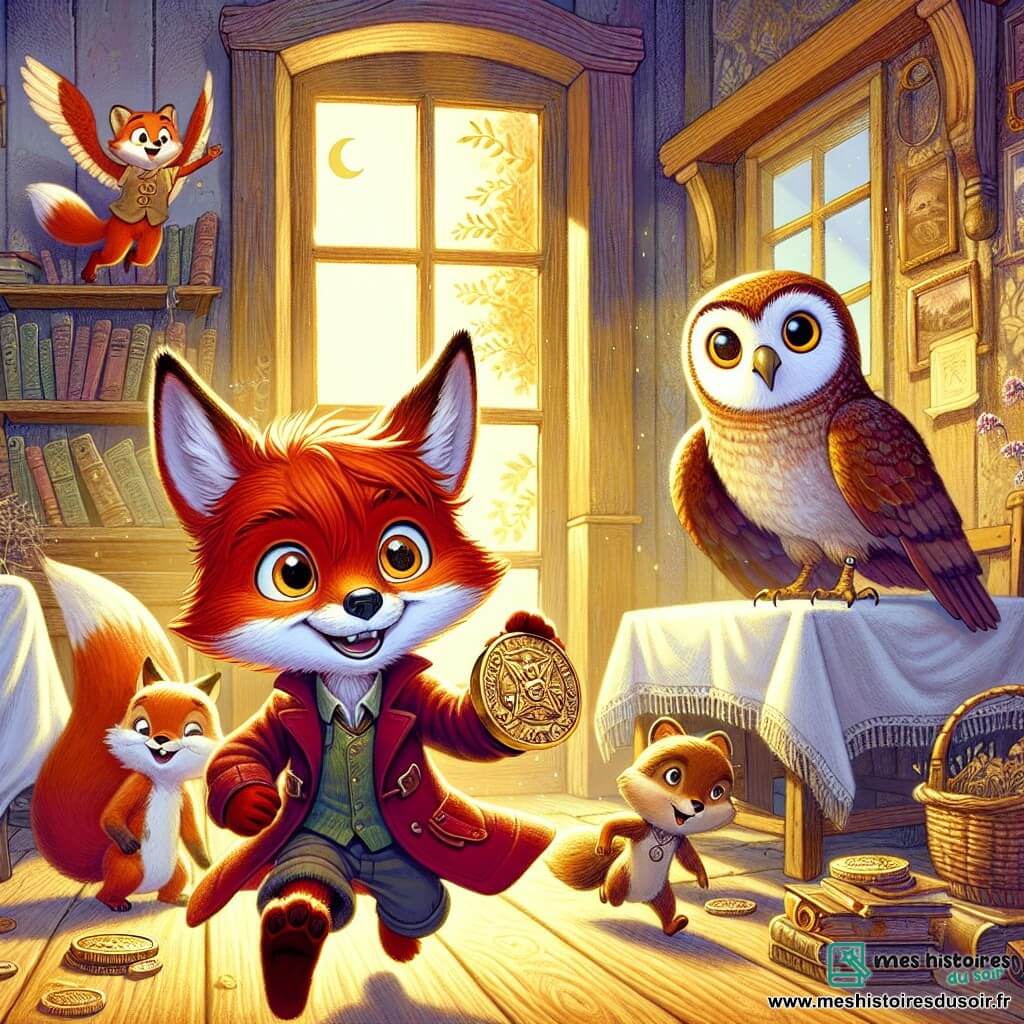 Félix, un jeune renard aux poils roux et aux yeux curieux, tient un médaillon brillant dans ses pattes avant, affichant excitation et détermination. À ses côtés, Cléo, une chouette aux plumes brunes et lunettes rondes, observe le médaillon avec intrigue, perchée sur une étagère poussiéreuse. Max, un écureuil espiègle, saute de joie en arrière-plan, tandis que Lila, une tortue à la carapace ornée, regarde autour d'elle, réfléchie, près de la porte d'entrée. Ils se trouvent dans une vieille maison abandonnée, avec des murs en bois usés, des fenêtres brisées laissant passer la lumière dorée du soleil couchant, et des toiles d'araignées. L'atmosphère est mystérieuse, avec des meubles recouverts de draps et des livres poussiéreux. Félix et ses amis découvrent le médaillon scintillant, symbole d'une aventure à venir, prêts à explorer les secrets de la maison.