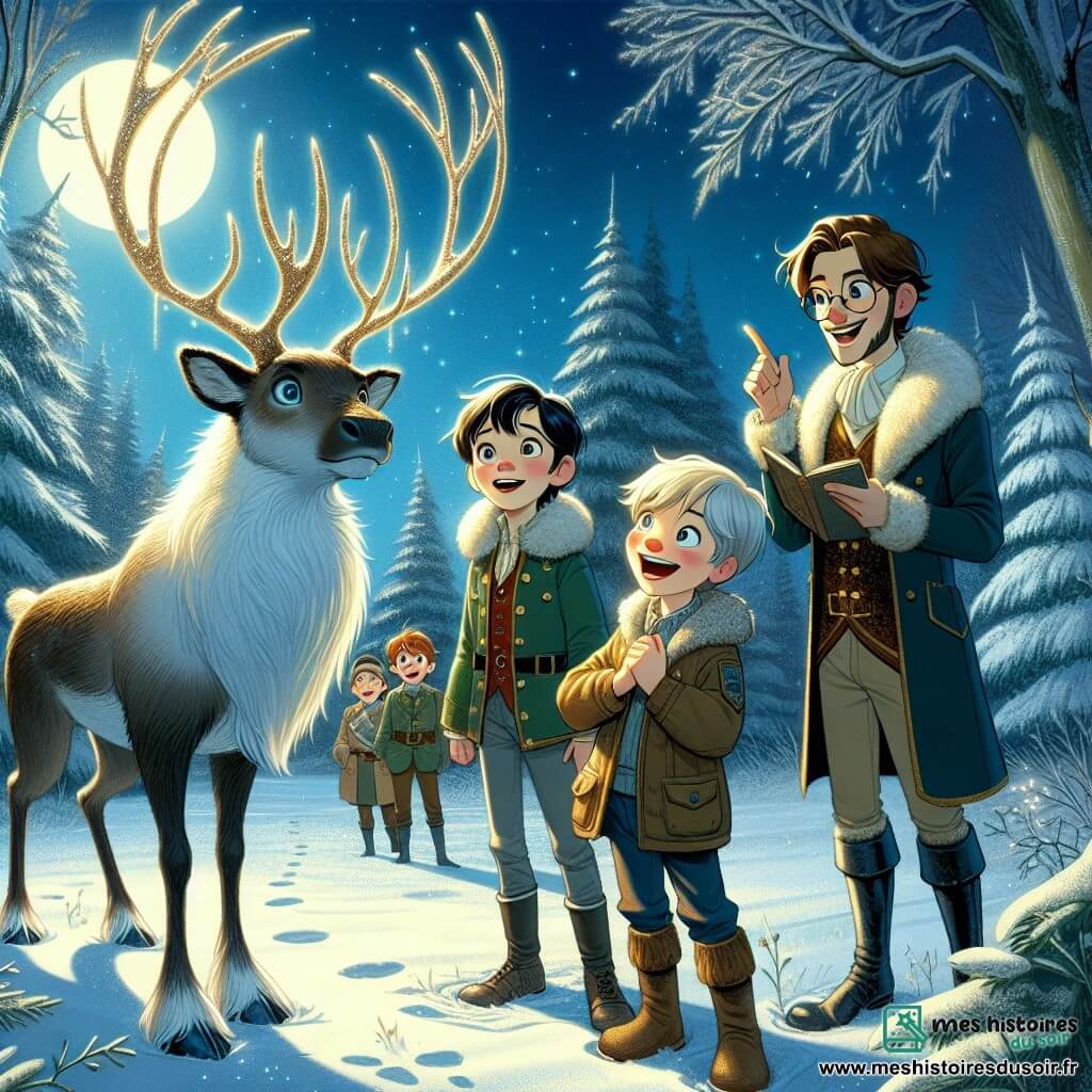 Dans une clairière enchantée, quatre garçons sont émerveillés par un magnifique renne aux bois scintillants. Jules, onze ans, fasciné par le renne, est accompagné de Maxime, qui pointe le renne avec enthousiasme, Théo, curieux, écoutant attentivement, et Léon, réfléchissant et prenant des notes. La clairière est illuminée par la lune, et la neige brille comme des diamants. Étoile, le renne magique, explique aux garçons la véritable magie de Noël, tandis qu'ils sont entourés par la beauté féerique de la forêt.