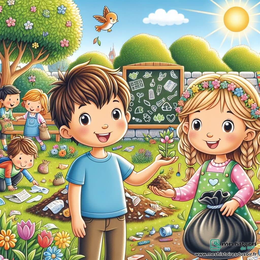 Dans une cour d'école ensoleillée, Léo, un garçon de 8 ans aux cheveux bruns en bataille et un t-shirt bleu, sourit en tenant un sac de déchets. À côté de lui, Mia, une fille de 7 ans avec des cheveux blonds tressés et une robe rose, montre une petite graine. Ils sont entourés de camarades ramassant des papiers et plastiques, tous joyeux. La cour est verte, avec des arbres et des fleurs. Au fond, un tableau noir affiche des dessins d'animaux et de plantes. La scène illustre leur engagement pour l'écologie en transformant leur cour en jardin.
