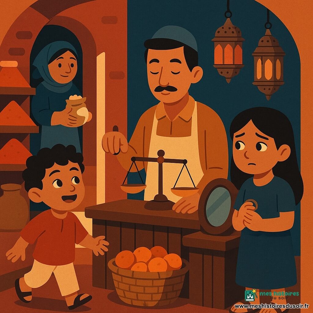 Nadir, visage serein et moustache fine, porte une tunique ocre et un tablier en lin; protecteur, il pose une petite balance en laiton et un miroir ovale sur le comptoir en bois en regardant doucement Lina, une fillette d’environ 9 ans aux cheveux noirs lisses et sandales usées, inquiète mais soulagée, qui serre un anneau de cuivre à sa droite. Safiya, la boulangère d’environ 35 ans aux joues rondes et mains farineuses, coiffée d’un foulard bleu, attend dans l’arrière-boutique prête à ouvrir une porte cachée en tenant un petit sac de farine. Au fond, Sami, un garçon de 5 ans aux cheveux bouclés, s’approche joyeusement depuis l’entrée. La boutique compacte du souk présente des étagères en bois garnies d’épices ocres et rouges, des paniers d’oranges, des lanternes en métal patiné suspendues au plafond; une lumière douce filtre par une petite ouverture, créant une ambiance chaleureuse mais tendue, aux couleurs chaudes (ocre, brique, bleu profond) et aux contours nets.