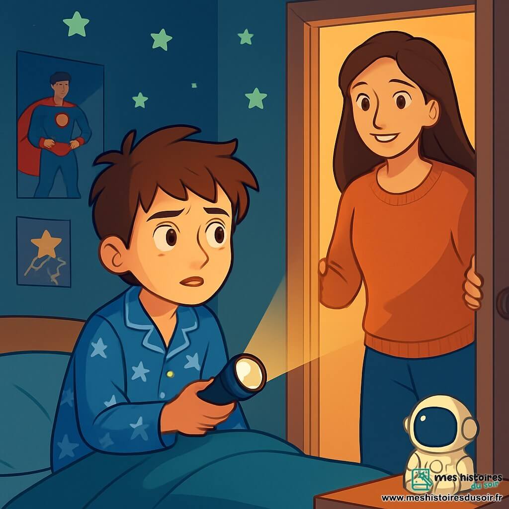 Un garçon de 12 ans, Lucas, aux cheveux châtains en bataille et aux yeux inquiets, est assis sur son lit en pyjama bleu avec des étoiles blanches. Son visage montre une légère peur mêlée de détermination, tandis qu'il tient une lampe de poche éclairant timidement sa chambre. Sa maman, une femme d’environ 35 ans aux cheveux longs et bruns, se tient à la porte, souriante et prête à le rassurer. La chambre est décorée de posters de super-héros, de dessins au mur, avec des étoiles phosphorescentes au plafond et une veilleuse en forme d'astronaute projetant une lumière douce. Lucas explore son environnement avec curiosité, illuminant les ombres autour de lui.