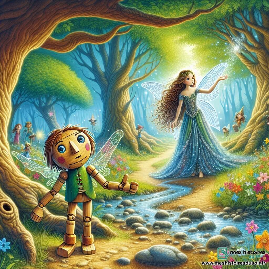 Pinocchio, un petit pantin en bois aux yeux pétillants et au sourire malicieux, se tient au centre d'une clairière enchantée, avec un visage inquiet. À ses côtés, la Fée Bleue, une jeune femme flottant gracieusement, porte une robe scintillante aux teintes de bleu et d'argent et lève une main pour apaiser Pinocchio. La clairière, entourée de grands arbres aux troncs noueux et de fleurs colorées, est traversée par un ruisseau asséché. Pinocchio, inquiet et déterminé, se penche vers la Fée Bleue, prêt à écouter son appel à l'aide pour sauver la forêt malade.