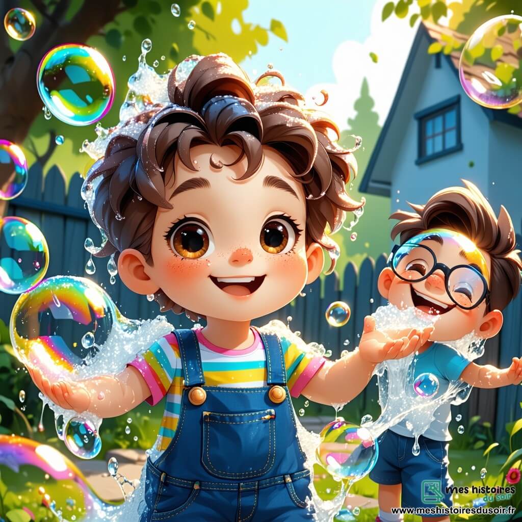 Clémentine, une fille de 10 ans aux cheveux bouclés et dorés, se tient au centre de la scène, souriante. Elle porte une salopette bleue avec un t-shirt rayé, entourée de bulles de savon. À côté d'elle, Lucas, un garçon de 9 ans avec des cheveux bruns en bataille et des lunettes, rit en essayant d'attraper une bulle. Emma, une autre fille de 10 ans aux cheveux lisses et noirs, est assise par terre, entourée de plumes colorées, riant joyeusement. La scène se déroule dans le jardin ensoleillé de Clémentine, rempli de fleurs et d'arbres. Au fond, une machine à rigolades projette des plumes et des bulles. Clémentine et ses amis s'amusent dans une atmosphère joyeuse et ludique.