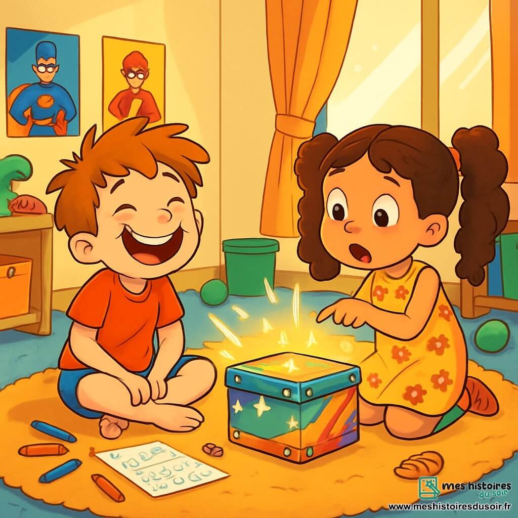 Léo, un garçon de 8 ans aux cheveux en bataille et au sourire espiègle, porte un t-shirt rouge et un short bleu. Il est assis sur un tapis moelleux, entouré de crayons de couleur, en riant. Zoé, une fille de 8 ans avec des cheveux longs et bouclés, attachés en deux couettes, porte une robe à fleurs et des chaussettes rayées. Elle est à côté de Léo, pointant une boîte en métal colorée qui clignote, émerveillée. L'histoire se déroule dans la chambre de Léo, remplie de jouets, de livres et de posters de super-héros, avec un tapis moelleux au centre et une lumière chaleureuse filtrant à travers les rideaux. Léo et Zoé découvrent une boîte mystérieuse émettant des lumières et des sons étranges, entourés de dessins de mathématiques et de miettes de biscuits, prêts pour une aventure dans un monde farfelu.