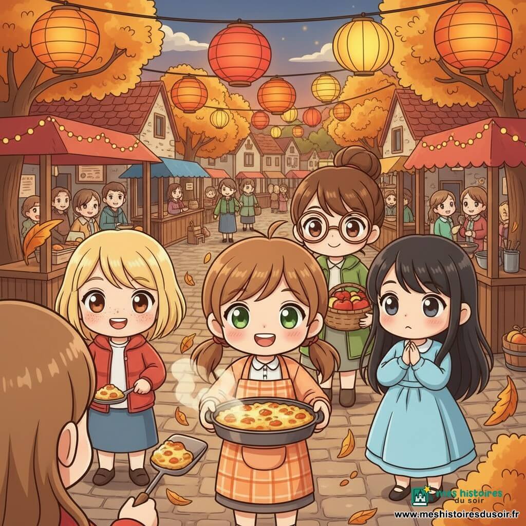 Quatre filles servent un gratin d'automne au festival des lanternes sur une place pavée au crépuscule : Camille (~11 ans), cheveux châtain clair en deux petites couettes, yeux verts, au centre en avant tenant le plat et souriante ; Léa (~10 ans), cheveux blonds courts et taches de rousseur, veste rouge, à gauche, sert une portion à un adulte hors champ avec une pelle de service ; Sarah (~11 ans), cheveux noirs longs et lisses, robe bleu ciel, à droite, regarde les lanternes les mains jointes ; Nora (~12 ans), cheveux bruns en chignon et lunettes rondes, veste verte, juste derrière Camille, tient un panier de pommes. La rue étroite est bordée de stands en bois décorés de guirlandes et lanternes papier rouges et jaunes, des arbres aux feuilles orange et dorées tourbillonnent, une file de villageois souriants et une lumière chaude créent une ambiance conviviale aux couleurs automnales.