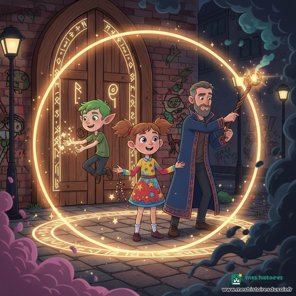 Une fillette de six ans, courageuse et émerveillée, cheveux châtain clair en couettes, robe étoilée et petite baguette en bois, chante au centre d'un cercle lumineux ; à sa gauche le lutin Tiko aux mèches vertes flotte en faisant jaillir des étincelles, à sa droite un magicien d'environ quarante ans à la barbe grisonnante et au manteau runique lève sa baguette pour former le cercle ; ils sont dans une clairière urbaine secrète derrière une porte en bois gravée, murs de briques tagués, lampadaires au loin, sol pavé avec symboles lumineux et volutes de fumée colorée, tandis que leur cercle repousse une ombre noire tourbillonnante dans une ambiance magique citadine aux couleurs vives et aux expressions rassurantes.