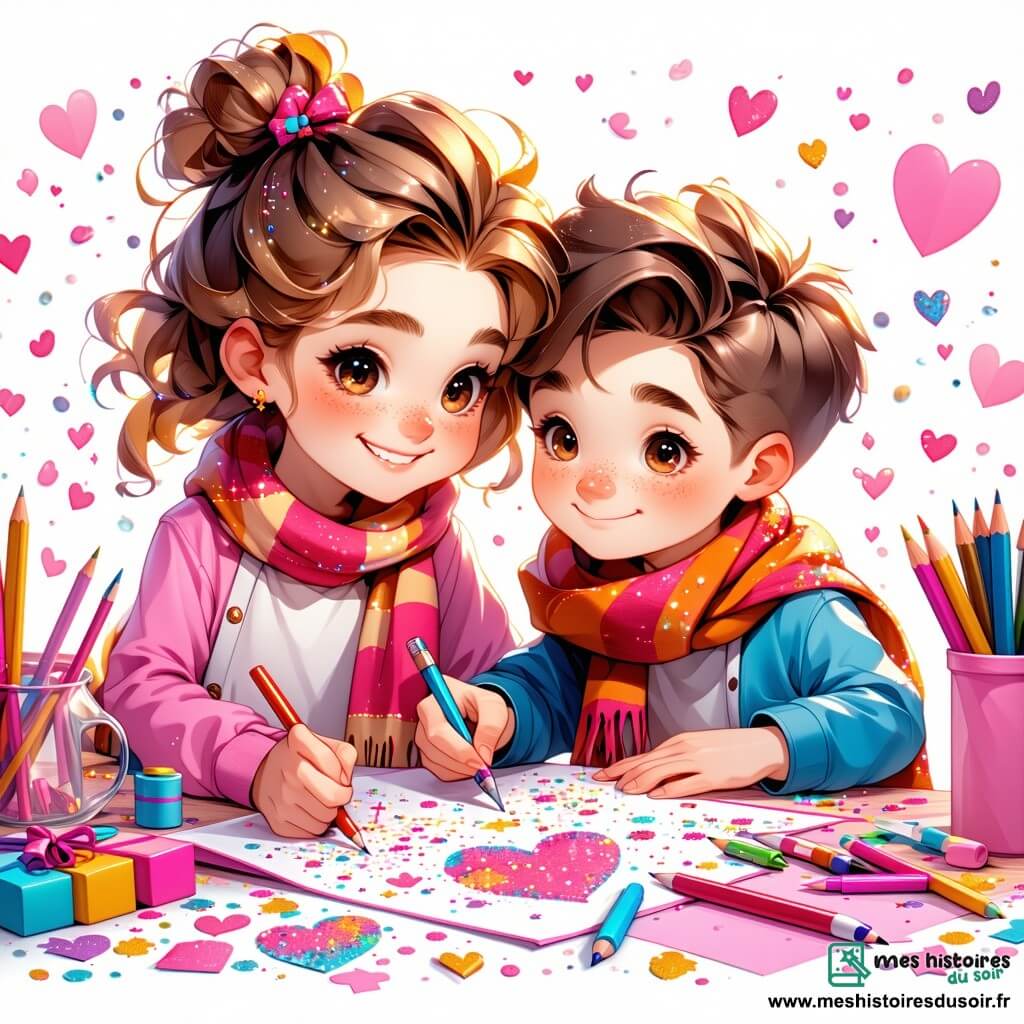 Clara, une fille de 11 ans aux cheveux bouclés et dorés, sourit avec enthousiasme à une table colorée dans sa chambre, entourée de papiers, ciseaux et paillettes, en train de dessiner une carte de Saint-Valentin. À côté d'elle, Lucas, un garçon timide aux cheveux ébouriffés et portant une écharpe trop grande, l'admire tout en tenant un crayon, prêt à ajouter son dessin. La chambre est décorée de guirlandes en forme de cœurs, avec une lumière douce filtrant à travers les rideaux, créant une ambiance chaleureuse. Ils rient et échangent des idées, illustrant l'esprit d'amitié pendant la préparation de la Saint-Valentin.