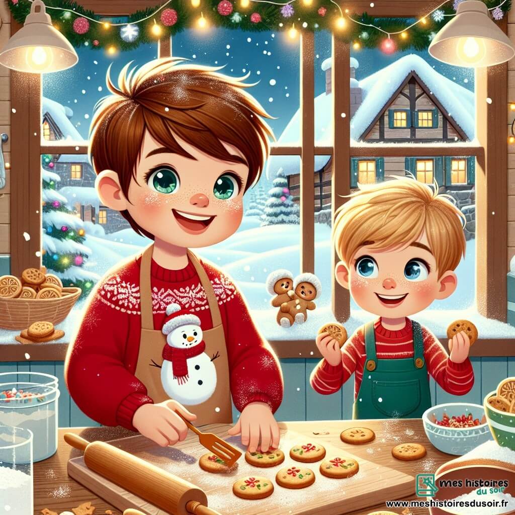 Dans un village enneigé, Tim, un garçon de 8 ans aux cheveux châtains, prépare des biscuits dans sa cuisine. Il porte un pull rouge avec un bonhomme de neige et rit de la farine sur son visage. À ses côtés, son ami Lucas, 7 ans, aux cheveux blonds, observe avec émerveillement, tenant une spatule en bois. La cuisine est chaleureuse, avec des murs en bois, une grande fenêtre laissant entrer la lumière hivernale et une table couverte de farine et d'ingrédients colorés. Des guirlandes de Noël scintillent et un sapin décoré ajoute une touche festive. Tim et Lucas partagent des biscuits dorés, souriants, entourés de flocons de neige tombant doucement. L'atmosphère est joyeuse et magique, illustrant l'amitié et la joie des moments partagés.