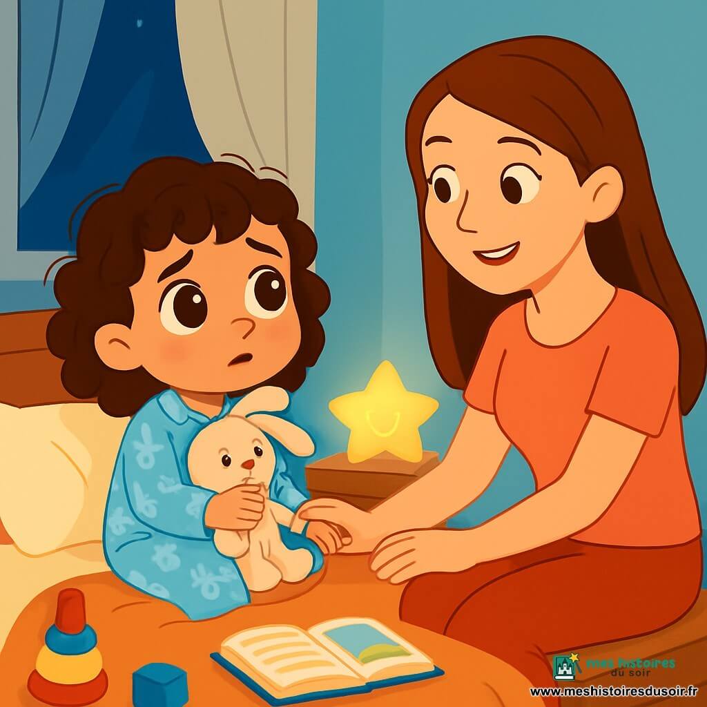 Une petite fille de 4 ans, aux grands yeux brillants et cheveux bouclés, est assise sur son lit en pyjama à motifs de lapins, tenant son doudou lapin. Elle affiche une expression curieuse et craintive. À côté, sa maman, une femme douce d'une trentaine d'années, sourit en s'asseyant sur le bord du lit, sa main sur celle de sa fille pour la rassurer. La chambre est chaleureuse avec des murs bleu pastel, des rideaux légers, et une veilleuse en forme d'étoile qui projette une lumière douce. Des jouets sont éparpillés au sol et un livre d'histoires est ouvert sur le lit. La petite fille écoute sa maman parler du noir, explorant les ombres dans la chambre.