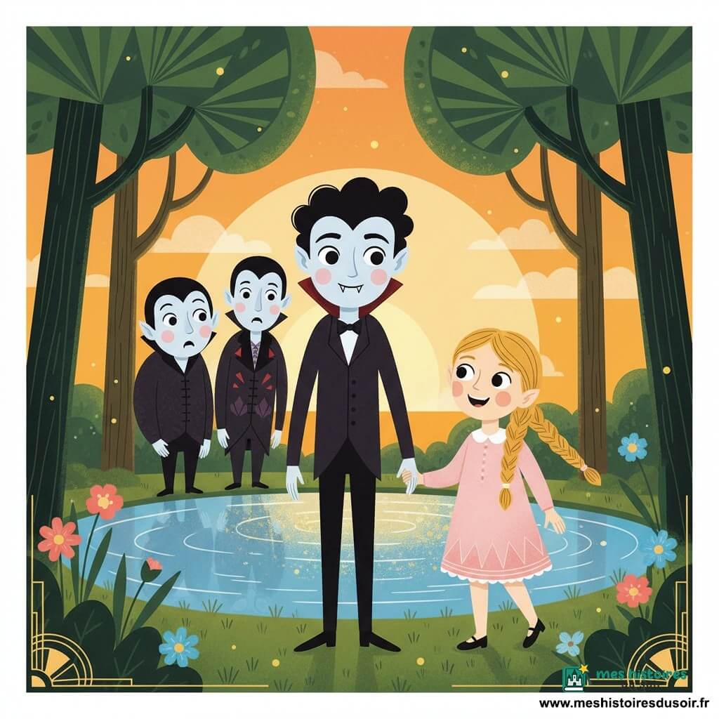 Victor, petit vampire au sourire doux, peau pâle, cheveux noirs bouclés et deux petites dents pointues, tient la main de son amie Clara et se tient droit en proclamant son amitié; Clara, fille d’environ 7 ans aux tresses blondes et robe rose pâle, rit et l’encourage, debout au bord d’un lac scintillant. Trois vampires secondaires, silhouettes un peu plus grandes et curieuses, forment un demi-cercle en retrait. La clairière montre un petit lac miroir aux eaux bleues irisées, herbe courte, grands arbres stylisés aux troncs vert foncé, fleurs roses et bleues lumineuses et lucioles jaunes; ambiance douce de coucher de soleil orangé, atmosphère joyeuse et accueillante. Style graphique: formes simples et géométriques, couleurs plates et contrastées, lignes nettes et motifs art déco, visages expressifs et innocents.
