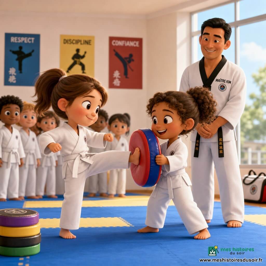 Une fillette de 6 ans au visage rond et joues roses, cheveux châtain clair en queue de cheval, expression concentrée et fière, porte un dobok blanc avec ceinture blanche et lève le pied pour frapper un coussin; une autre fillette d'environ 6 ans, cheveux bruns bouclés, sourit et tient un grand coussin rond rouge et bleu face à elle; le maître Kim, homme d'environ 40 ans à la peau légèrement mate et cheveux noirs courts, sourit bienveillant et observe quelques pas plus loin; le dojo est une grande salle lumineuse avec tapis bleu et jaune, murs clairs, affiches d'exercices et une grande fenêtre laissant entrer une lumière douce; au sol, des coussins ronds empilés et un petit sac blanc près d'une porte vitrée; la scène montre le geste précis — le coussin se plie légèrement au contact, d'autres enfants flous attendent en arrière-plan; style visuel : rendu 3D doux, couleurs vives et contrastées, volumes ronds, textures mates, expressions chaleureuses et atmosphère calme et joyeuse.