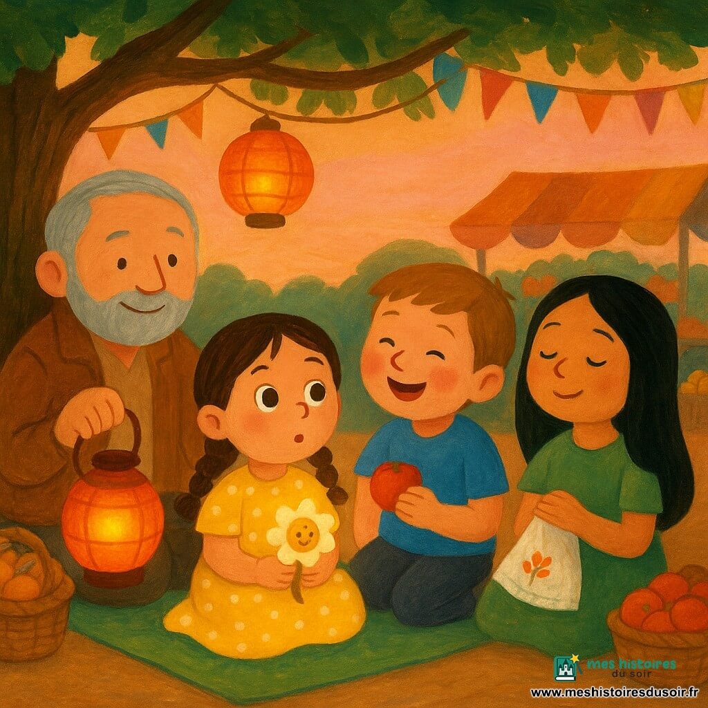 Quatre personnages sous un grand arbre au marché au coucher : Lila, 4 ans, cheveux bruns en petites nattes, robe jaune à pois blancs, assise au centre sur une couverture verte, tient une petite fleur lumineuse sur l'épaule et regarde la lanterne ; Tom, 5 ans, cheveux châtain clair, t-shirt bleu, à droite de Lila, rougit en riant en tendant une pomme ; Aïcha, 5 ans, cheveux longs noirs, robe verte, assise près de Lila, yeux fermés vers le ciel en écoutant le vent, tient une serviette brodée ; le grand-père, homme âgé aux cheveux gris et barbe courte, veste marron, assis derrière les enfants à gauche, sourit et tient une lanterne rouge chaleureuse. Ils sont entourés de paniers de fruits, de tapis colorés et d'étals flous, quelques lanternes et guirlandes suspendues, et jouent ensemble au "trésor des sourires" sous une lanterne qui brille, ambiance calme et chaleureuse, couleurs gouache, traits doux et formes rondes.