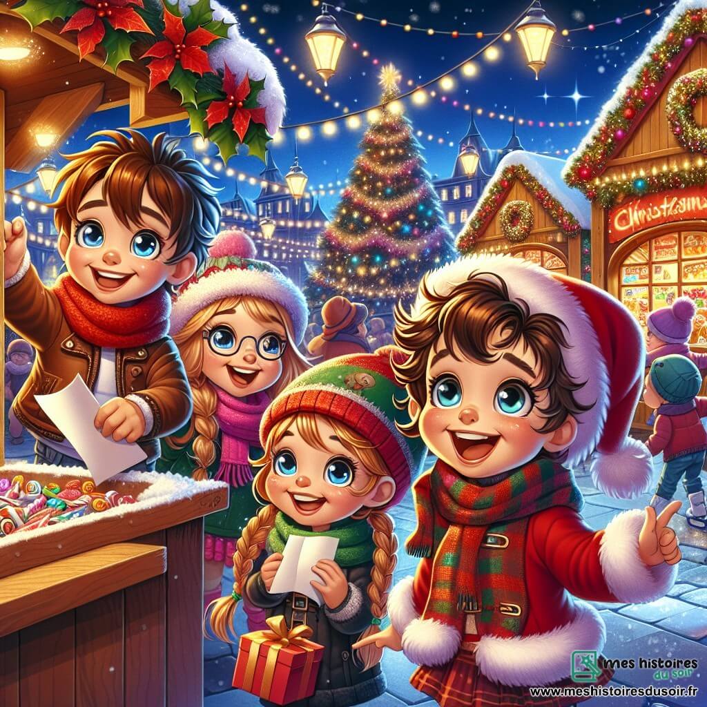 Dans un marché de Noël animé, quatre enfants joyeux se tiennent ensemble. Léo, 8 ans, tient une lettre froissée. Mia, 7 ans, montre un grand sapin décoré. Ben, 9 ans, admire un stand de bonbons colorés. Zoé, 6 ans, saute de joie avec un petit sac de cadeaux. Le marché est illuminé de guirlandes scintillantes, avec des stands en bois décorés. Des enfants patinent à proximité, tandis que l’odeur des châtaignes grillées flotte dans l’air. Ils viennent de glisser une lettre au Père Noël, espérant apporter magie et bonheur.