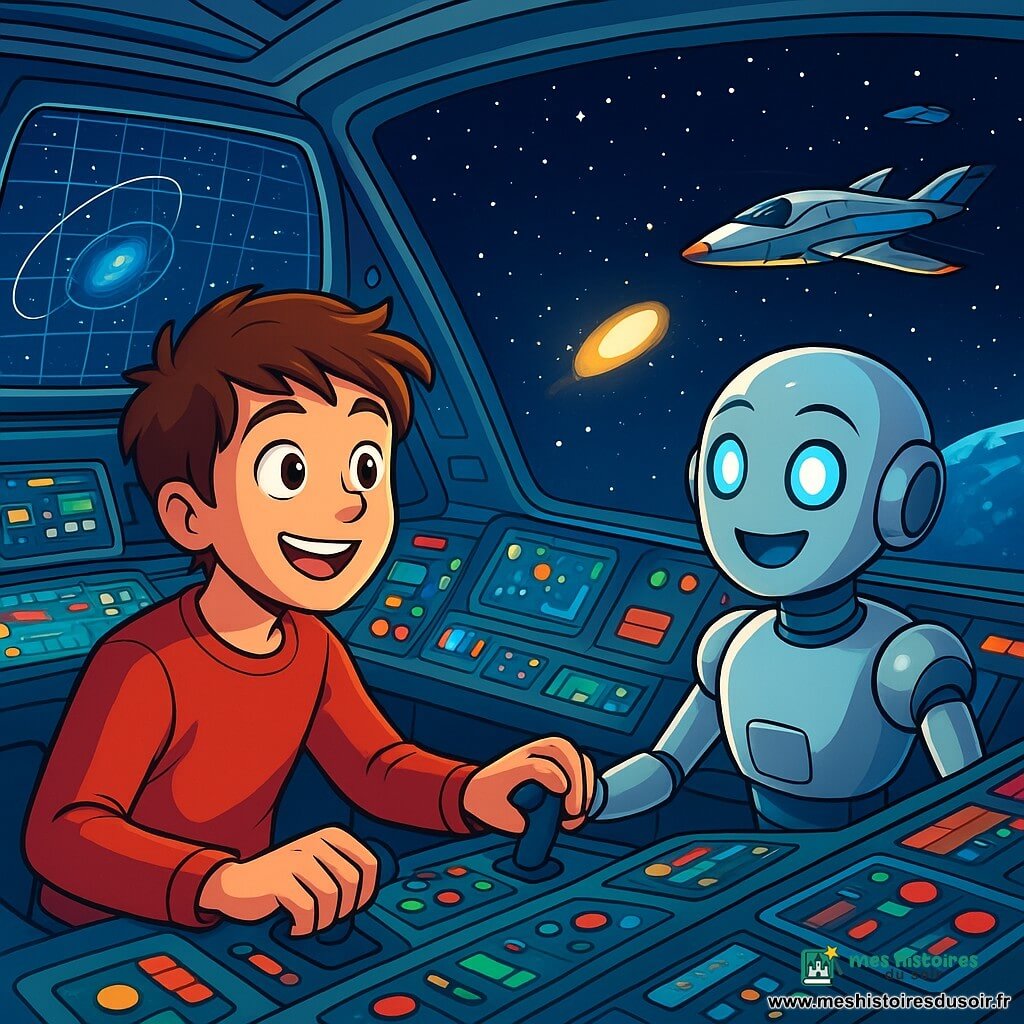 Un jeune homme nommé Émile, aux cheveux châtains et aux yeux curieux, se tient devant un grand écran dans le cockpit d'un vaisseau spatial. Son visage est éclairé par la lumière des étoiles et il sourit d'émerveillement. À ses côtés, un assistant robotique nommé Lumen, humanoïde et argenté, observe avec excitation. Le cockpit est rempli de consoles futuristes aux couleurs vives et d'écrans affichant des cartes stellaires. À l'extérieur, l'espace est parsemé d'étoiles et d'une planète bleue. Émile et Lumen manœuvrent le vaisseau Pégase pour intercepter un mystérieux objet flottant, Émile ajustant les commandes tandis que Lumen analyse les données.
