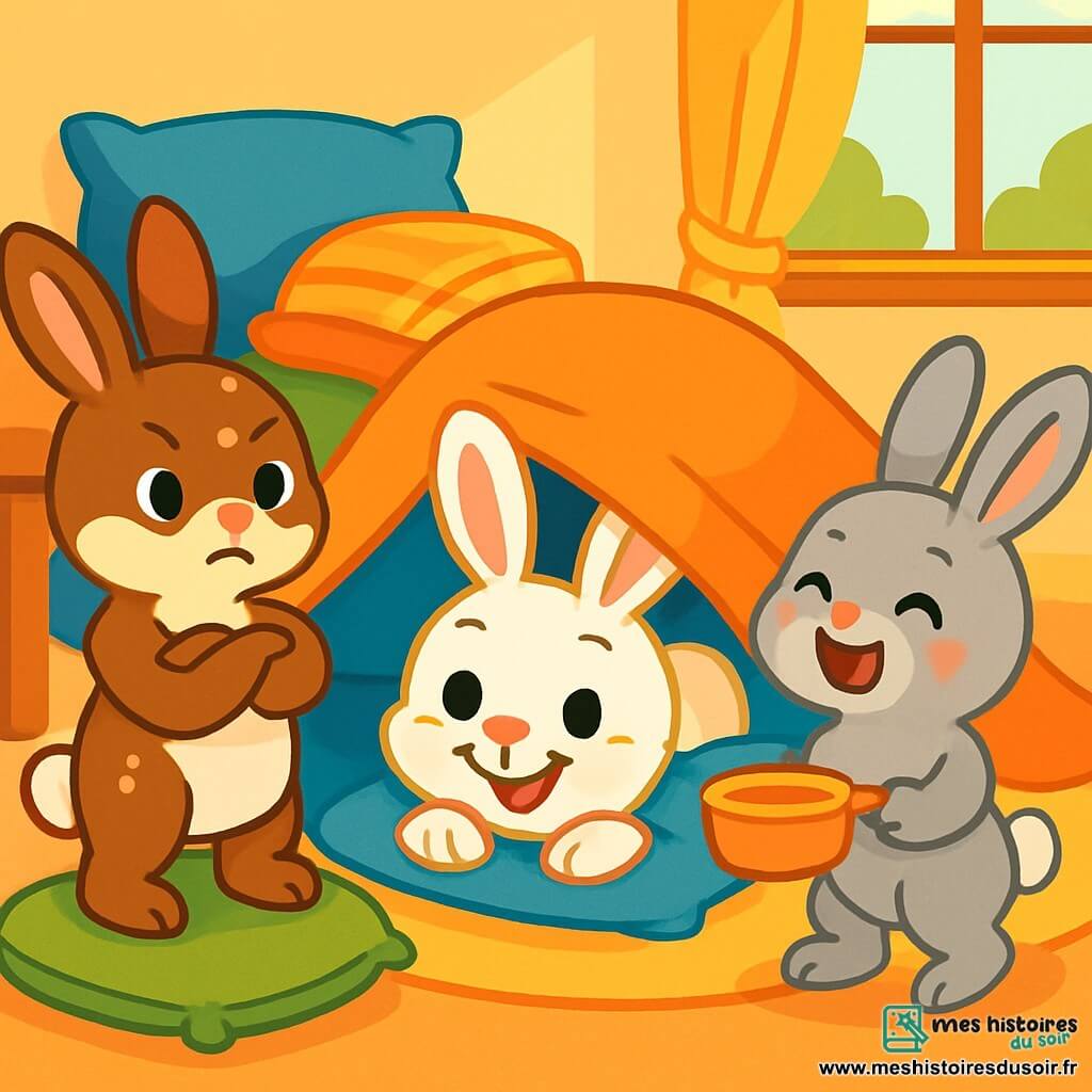 Petit Lapin, un lapin aux grandes oreilles et à la fourrure blanche, est caché sous un coussin avec un sourire espiègle. Sa sœur, Lapinette, une lapine grise aux joues roses, rit en tenant une casserole en plastique pour sa soupe imaginaire, à ses côtés. Lapinou, leur frère brun tacheté de blanc, fait semblant d'être le chef, les bras croisés. La scène se déroule dans un salon chaleureux avec des coussins colorés et une table basse en bois, baignée de lumière. Les trois lapins s'amusent dans leur cabane, riant et partageant des câlins tout en imaginant des aventures.