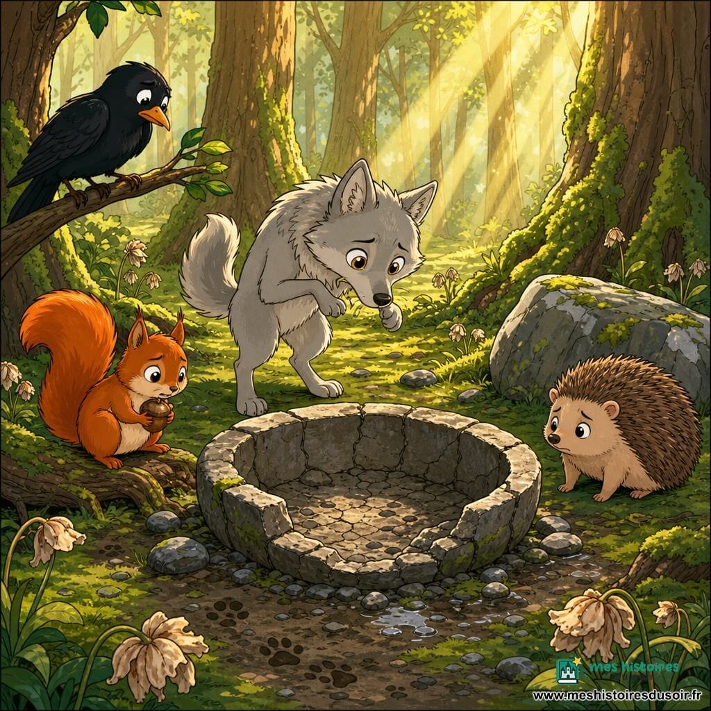 Lumi, un jeune loup gris argent aux yeux dorés, Plume le merle noir au bec orange, Frimousse l’écureuil roux tenant une noisette et Dodo le petit hérisson brun observent, inquiets mais pleins d’espoir, un bassin de source en pierre vide et fissuré au centre d’une clairière enchantée tapissée de mousse et de fleurs fanées, entourée de troncs moussus et baignée de larges rayons de soleil ; couleurs douces, contrastes chaleureux, traits nets et contours arrondis, ambiance magique accessible aux tout-petits.