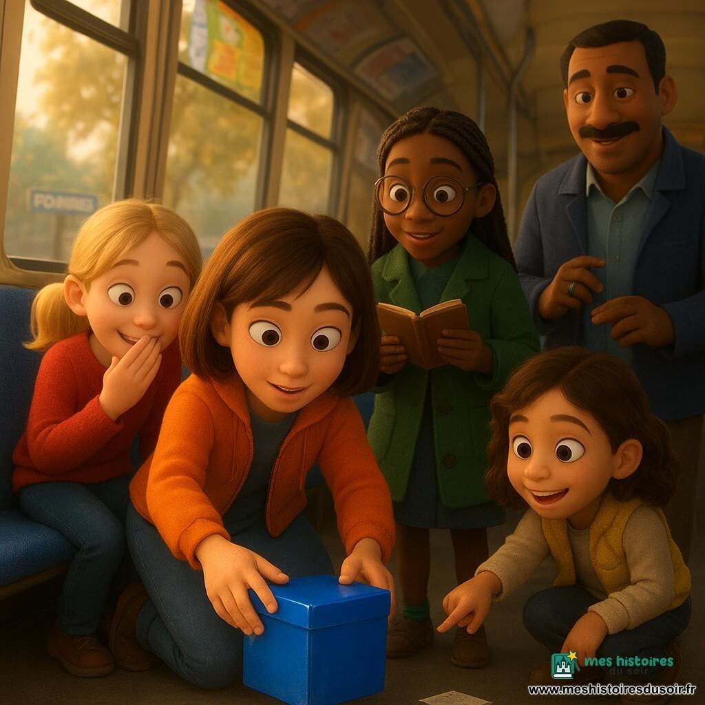 Dans l'intérieur d'un bus urbain en fin d'après-midi baigné d'une lumière dorée, quatre petites détectives — Zoé, ~10 ans, cheveux châtain coupés au carré, veste orange, agenouillée au centre en train de tirer doucement une petite boîte bleu brillant coincée sous le siège du milieu ; Inès, ~10 ans, cheveux noirs tressés, lunettes rondes, manteau vert, debout derrière Zoé avec un carnet ouvert ; Nora, ~10 ans, cheveux blonds en couettes, pull rouge, à gauche, main sur la bouche en sourire retenu ; Lila, ~8 ans, petite, cheveux bruns ondulés, gilet jaune, accroupie à droite pointant un ticket froissé au sol — sont réunies autour de la boîte à souhaits bleue tandis que le chauffeur Karim, quarantaine, peau brune, moustache en brosse, veste bleu marine, debout près de l'allée arrière, tient une boîte de chewing-gums et sourit légèrement; les sièges en tissu bleu, les barres métalliques, des affiches colorées sur les parois et l'arrêt Pommier visible à la fenêtre complètent une scène chaleureuse, complice et légèrement mystérieuse centrée sur la boîte et les visages éclairés.