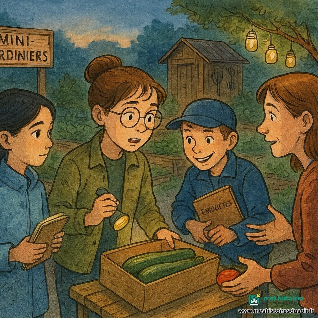 Trois enfants dans un potager partagé au crépuscule : Zoé (~11 ans) au centre, châtain en chignon, lunettes, veste kaki, tient une petite lampe torche jaune et une boîte ouverte contenant trois courgettes, penchée vers madame Lenoir; Inès (~12 ans) à gauche, cheveux noirs en queue de cheval, manteau bleu clair, carnet de notes ouvert, observatrice; Malo (~12 ans) à droite, casquette, carnet d’enquêtes sous le bras, sourire malicieux, prenant une tomate sur une table comme preuve. Les enfants rendent les courgettes à madame Lenoir et avouent la vérité, scène de réconciliation au soir avec lumière douce, ombres longues, gouttes sur les feuilles et textures de textile et bois, composition centrée sur la boîte de courgettes et les visages expressifs, style encre colorée à traits fins et lavis lumineux; éléments du lieu : allées de gravier clair, carrés de bois, panneau « Mini-Jardiniers », composteur, petite cabane, guirlande de bocaux et arrosoirs colorés.