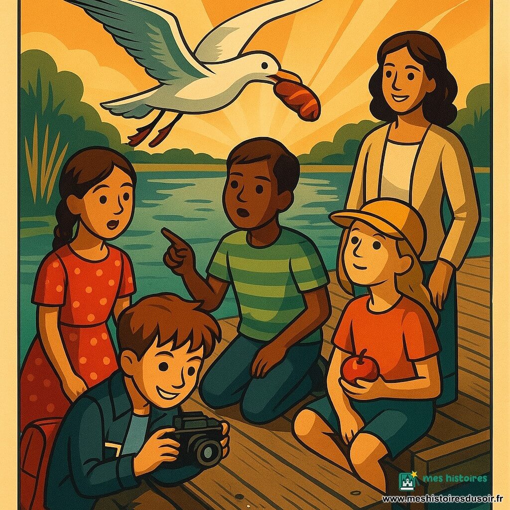 Un garçon de 10 ans, Noé, souriant et concentré, cheveux châtains en bataille, veste bleu marine, accroupi sur un vieux ponton en bois avec carnet et appareil photo, prend en photo des miettes et des plumes; à sa gauche Lola, environ 9 ans, cheveux foncés en tresse et robe rouge à pois, surprise et amusée en regardant son cartable ouvert posé sur le ponton; à droite Simon, ~10 ans, t-shirt rayé vert, mains sur les hanches, montre la traînée de miettes vers le bord; Clara, ~9 ans, cheveux blonds et casquette jaune, est assise sur une marche, tenant une pomme et regardant le ciel; une mouette blanche et grise vole au-dessus du ponton tenant un pain au chocolat dans son bec; derrière les enfants se tient Madame Roche, la maîtresse trentenaire en gilet beige, souriante; le lieu est un vieux ponton en lattes de bois patiné avec clous visibles et algues entre les planches, eau calme bleu-vert, roseaux et arbres flous en arrière-plan, lumière dorée de fin d’après-midi, scène d’action et réactions étonnées des enfants.