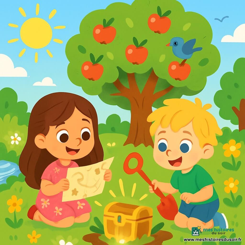 Léa, une petite fille de 4 ans aux cheveux bruns et aux yeux pétillants, porte une robe rose à fleurs et tient une carte au trésor. Elle est assise sur l'herbe, souriante, en regardant Tom, un petit garçon de 4 ans aux cheveux blonds en bataille, qui porte un t-shirt vert et un short en jean. Tom est accroupi à côté d'elle, tenant une pelle en plastique. Ils se trouvent dans un jardin ensoleillé, rempli de fleurs colorées et d'arbres, avec un grand pommier chargé de pommes rouges. Alors qu'ils creusent sous le pommier, ils découvrent une boîte brillante, créant une ambiance magique et joyeuse.