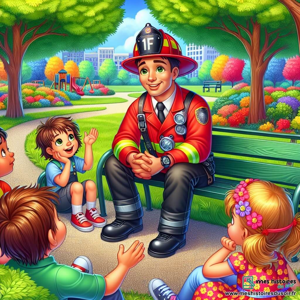 Baptiste, un pompier souriant d'environ 30 ans, porte une chemise rouge et un casque brillant. Assis sur un banc dans un parc, il est entouré d'enfants, dont Léo, 8 ans, qui l'écoute avec admiration, et Clara, 7 ans, impatiente de poser une question. Le parc est verdoyant, avec de grands arbres, des fleurs colorées et un chemin en gravier. Baptiste raconte une histoire captivante sur son métier, tandis que les enfants l'écoutent avec curiosité et excitation.