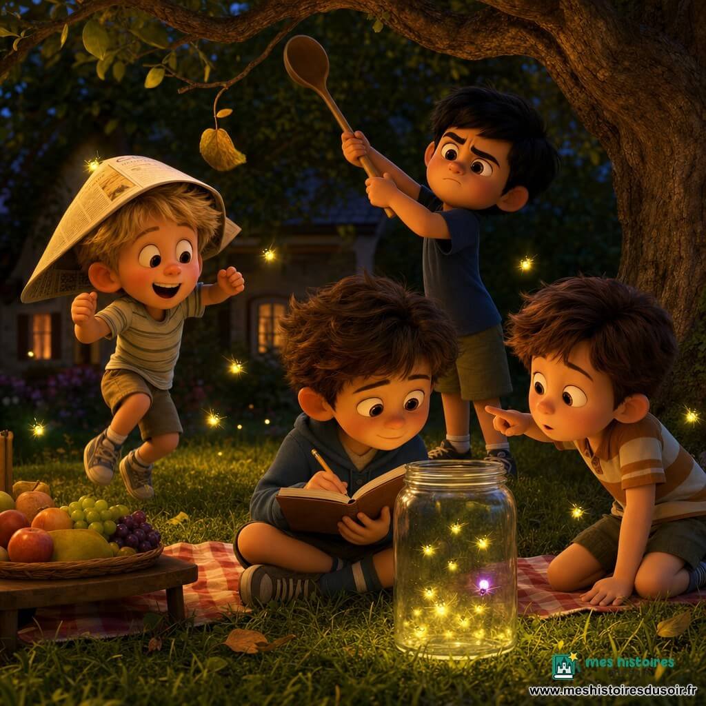 Quatre garçons autour d’un bocal de lucioles au crépuscule sous un vieux pommier : Léo (5-6 ans, cheveux bruns en bataille, yeux doux) est assis au centre avec un carnet et un crayon, notant les motifs lumineux; Sam (5-6 ans, cheveux blonds courts, énergique) saute à gauche en riant, une feuille sur la tête; Noé (5-6 ans, cheveux châtain) penché à droite, pointe une luciole d’un air curieux; Hugo (6 ans, cheveux noirs, sérieux et comique) se tient derrière avec une grosse baguette en bois qui accroche une branche; autour, pelouse, couverture à carreaux, panier de fruits et lucioles jaunes et violettes formant des clignotements réguliers et inversés, ambiance magique et chaleureuse.