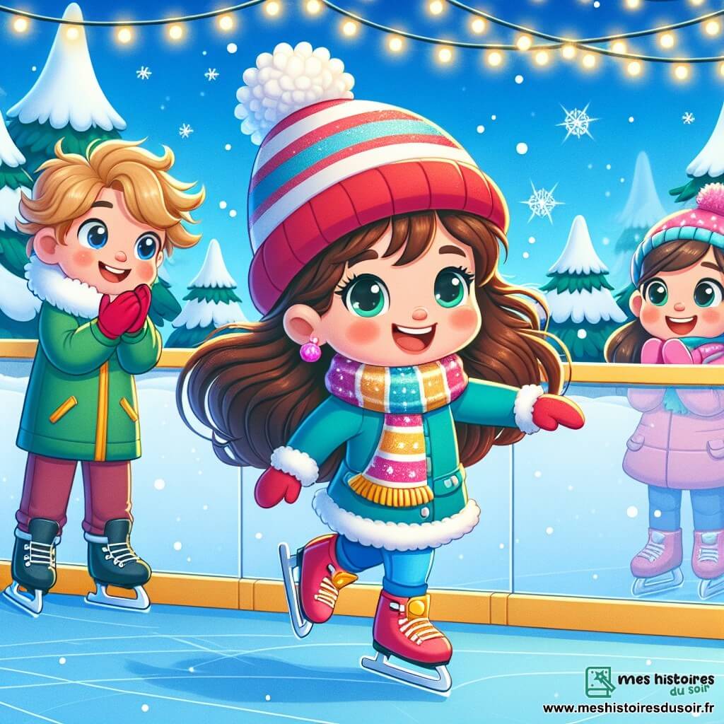 Maya, une petite fille de 5 ans aux longs cheveux bruns et joues roses, glisse joyeusement sur une patinoire. Elle porte un bonnet rouge, une écharpe colorée et une combinaison de ski bleue, affichant une grande joie en riant. À ses côtés, Léo, un garçon de 6 ans aux cheveux blonds en bataille, l'encourage en levant les bras, vêtu d'un manteau vert et de gants jaunes. En arrière-plan, Chloé, une fille de 5 ans aux cheveux châtains, applaudit, vêtue d'une combinaison de ski rose. La patinoire en plein air est entourée de sapins enneigés et décorée de guirlandes lumineuses, sous un ciel bleu avec quelques nuages. Maya s'amuse sur la glace avec ses amis, découvrant les joies de l'hiver.