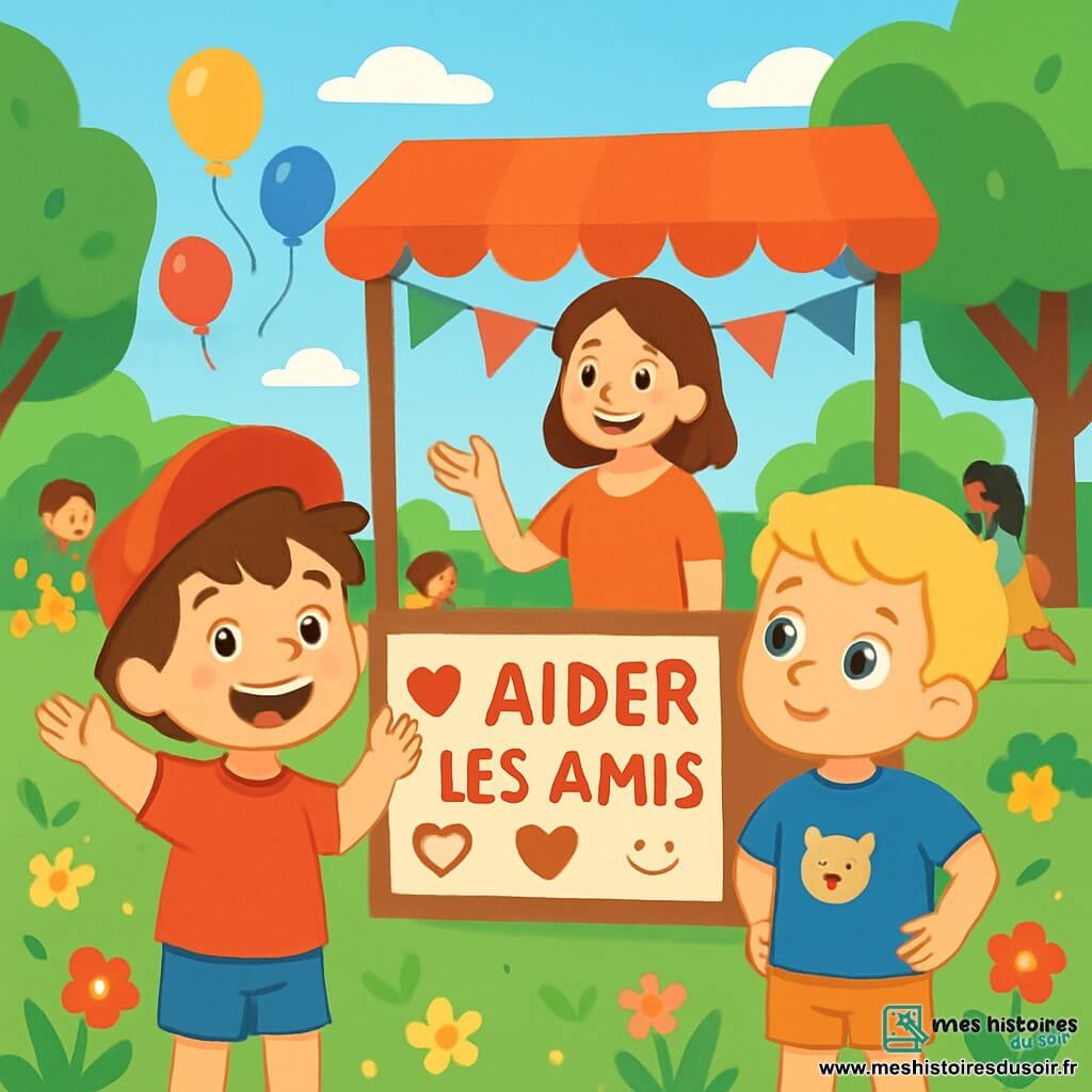Il y a deux personnages principaux : Tom, un garçon de 3 ans avec une casquette rouge, des cheveux bruns en bataille et un grand sourire, debout à gauche, levant les bras, et Hugo, un garçon de 3 ans en t-shirt bleu avec un ours, des cheveux blonds et des yeux pétillants, à droite de Tom, les mains sur les hanches avec une expression curieuse. L'action se déroule dans un parc ensoleillé avec des fleurs colorées, des arbres verdoyants et des ballons dans le ciel bleu. Un stand décoré de guirlandes multicolores affiche "Aider les amis". Tom et Hugo écoutent attentivement une dame souriante qui parle d'aider les autres, entourés de rires et de couleurs vives, symbolisant l'amitié et le soutien.