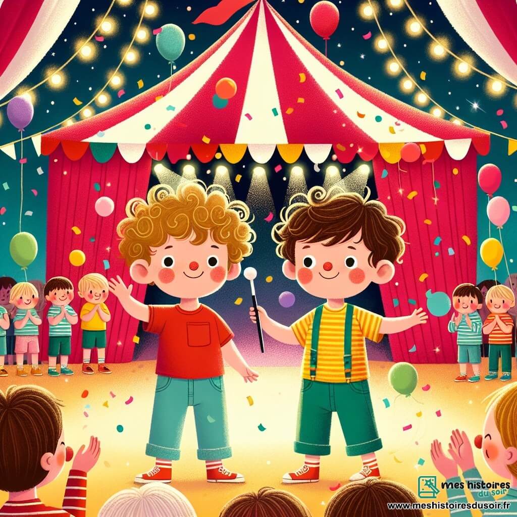 Deux garçons de trois ans, Léo aux cheveux bruns et Max aux cheveux blonds, se tiennent au centre d'un chapiteau de cirque décoré de rayures rouges et blanches. Léo porte un t-shirt rouge et un pantalon bleu, tandis que Max est vêtu d'un t-shirt jaune et d'un short vert. Ils sont entourés de confettis colorés et semblent joyeux. En arrière-plan, des spectateurs applaudissent et des ballons flottent. Léo réalise un numéro de magie avec une baguette, tandis que Max jongle avec des balles multicolores, captivant l'attention du public.
