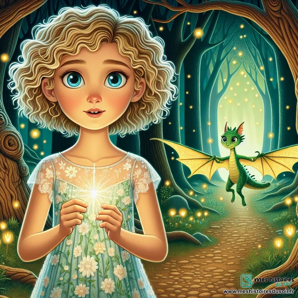 Au centre de l'image, Éléna, une fille de 11 ans aux cheveux bouclés couleur miel et aux yeux bleus éclatants, montre une expression de détermination tout en tenant un pendentif en forme d'étoile. Elle porte une robe légère aux motifs floraux et se tient sur un chemin forestier. À ses côtés, Zéphyr, un petit dragon aux écailles vert émeraude et aux yeux pétillants, semble prêt à s'envoler. En arrière-plan, la majestueuse Forêt des Murmures, avec ses arbres géants et des lumières scintillantes, crée une ambiance magique. Éléna et Zéphyr se tiennent devant une grotte mystérieuse d'où émane une lueur dorée. Éléna, courageuse, s'apprête à entrer pour retrouver le Cristal des Saisons, encouragée par Zéphyr.