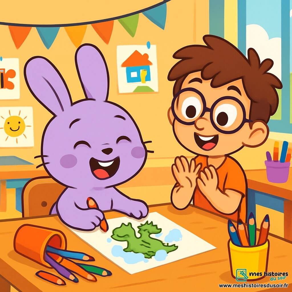 Gaufrette, un petit lapin aux longues oreilles soyeuses et à la peau lavande, est assis à une table de classe, souriant joyeusement en dessinant un dragon sur une feuille. À côté de lui, Petit Hugo, un garçon aux cheveux bruns en bataille et lunettes rondes, l'observe avec admiration, applaudissant d'enthousiasme. La salle de classe est lumineuse, décorée de dessins colorés et de guirlandes, avec des pots de crayons sur les tables et une grande fenêtre laissant entrer la lumière. Gaufrette, concentré, renverse un pot de crayons qui roulent au sol, créant un petit désordre amusant, tandis qu'il sourit en voyant une tache d’encre sur sa feuille, imaginant un dragon dans un nuage.