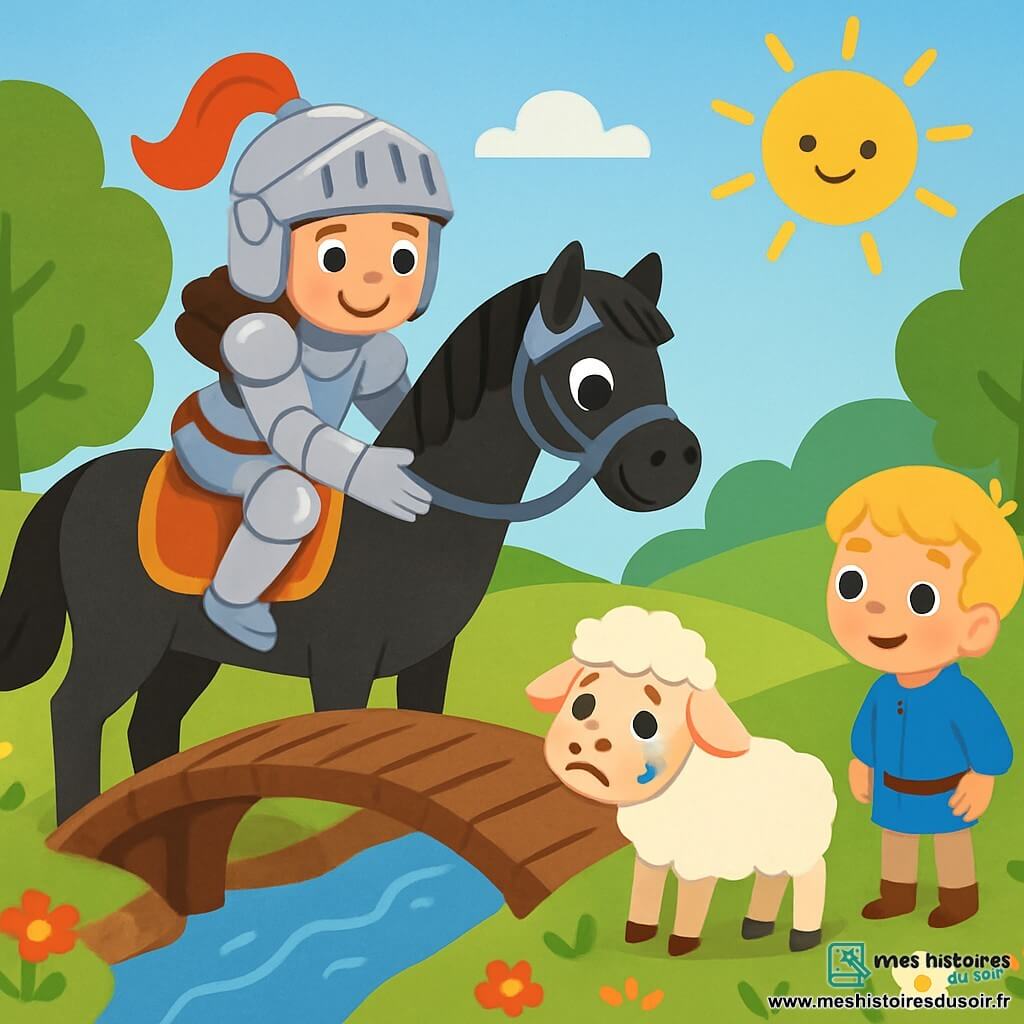 Une chevaleresse souriante, en armure étincelante et casque brillant, se tient sur un grand cheval noir. Ses yeux reflètent détermination et douceur alors qu'elle tend la main vers un petit mouton blanc, qui pleure près d'un vieux pont en bois. Un jeune garçon d'environ 8 ans, aux cheveux blonds et yeux curieux, observe la scène depuis la berge, prêt à aider. Le pré est verdoyant, parsemé de fleurs colorées, sous un ciel bleu clair et un soleil doré. La chevaleresse s'approche du mouton pour le sauver, tandis que son cheval, calme et majestueux, l'accompagne dans cette aventure.